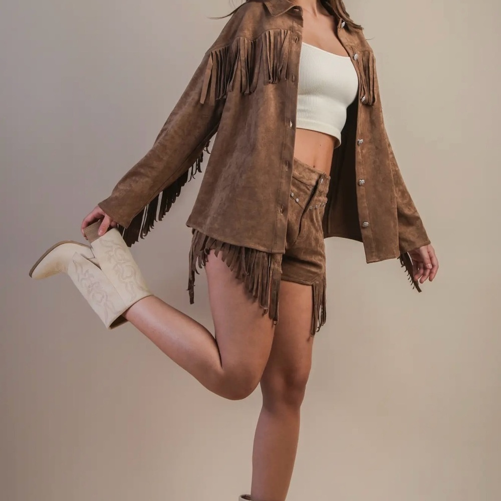 Suede Fringe Detail Western Jacket Shacket - Picture 6 of 6